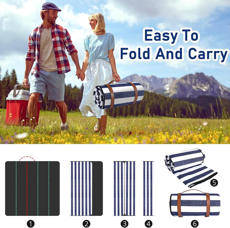 Timirock Striped Picnic Blankets 80” x 80” Extra Large Waterproof and Foldable Beach Blanket, Oversized Blue and White Outdoor Blanket for Camping, Travel, Park, Grass, Patio (Blue & White, 80" x 80") - Image 5